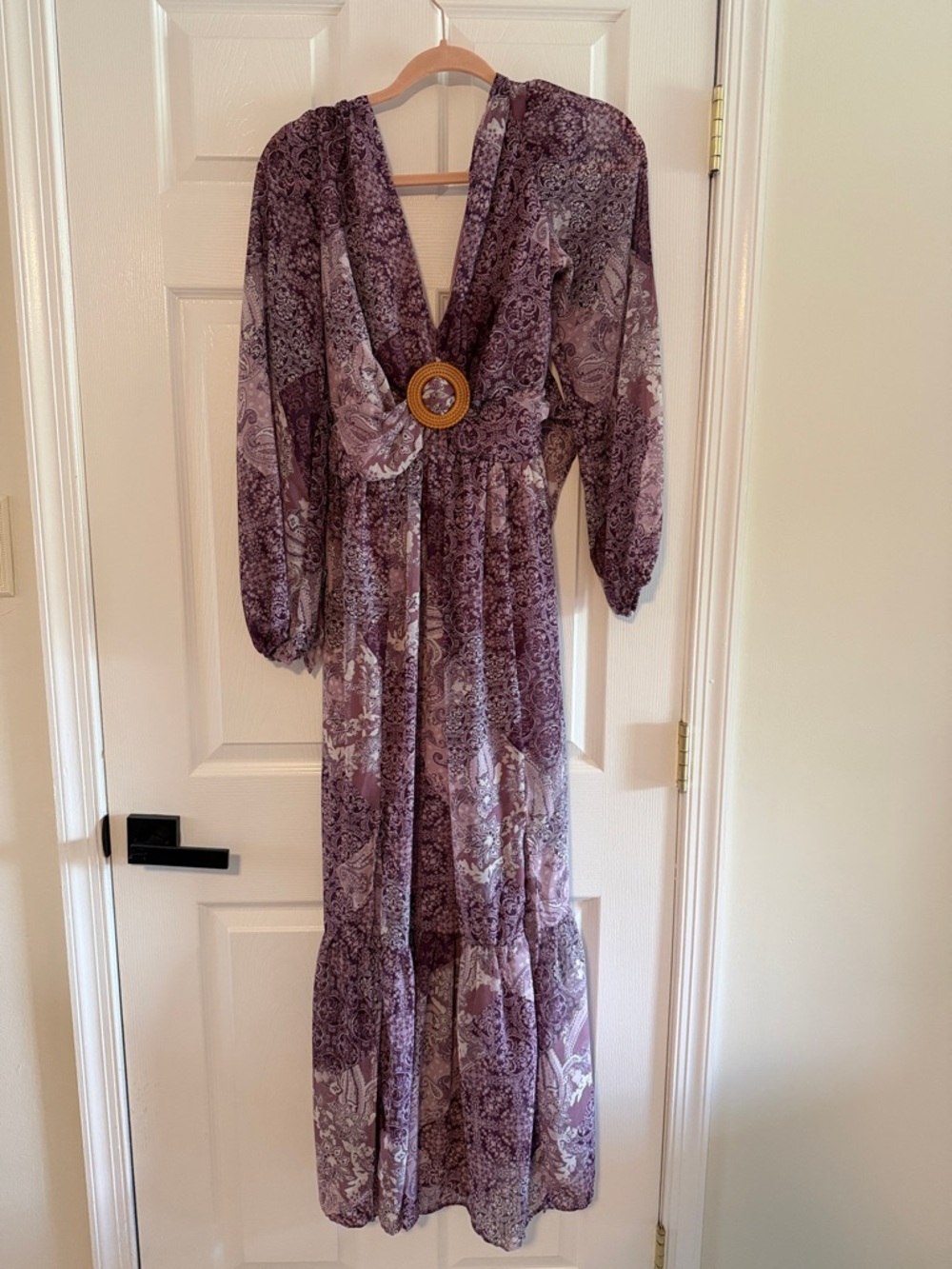 Jessica Simpson Purple Patterned Maxi Dress with Decorative Waist Ring